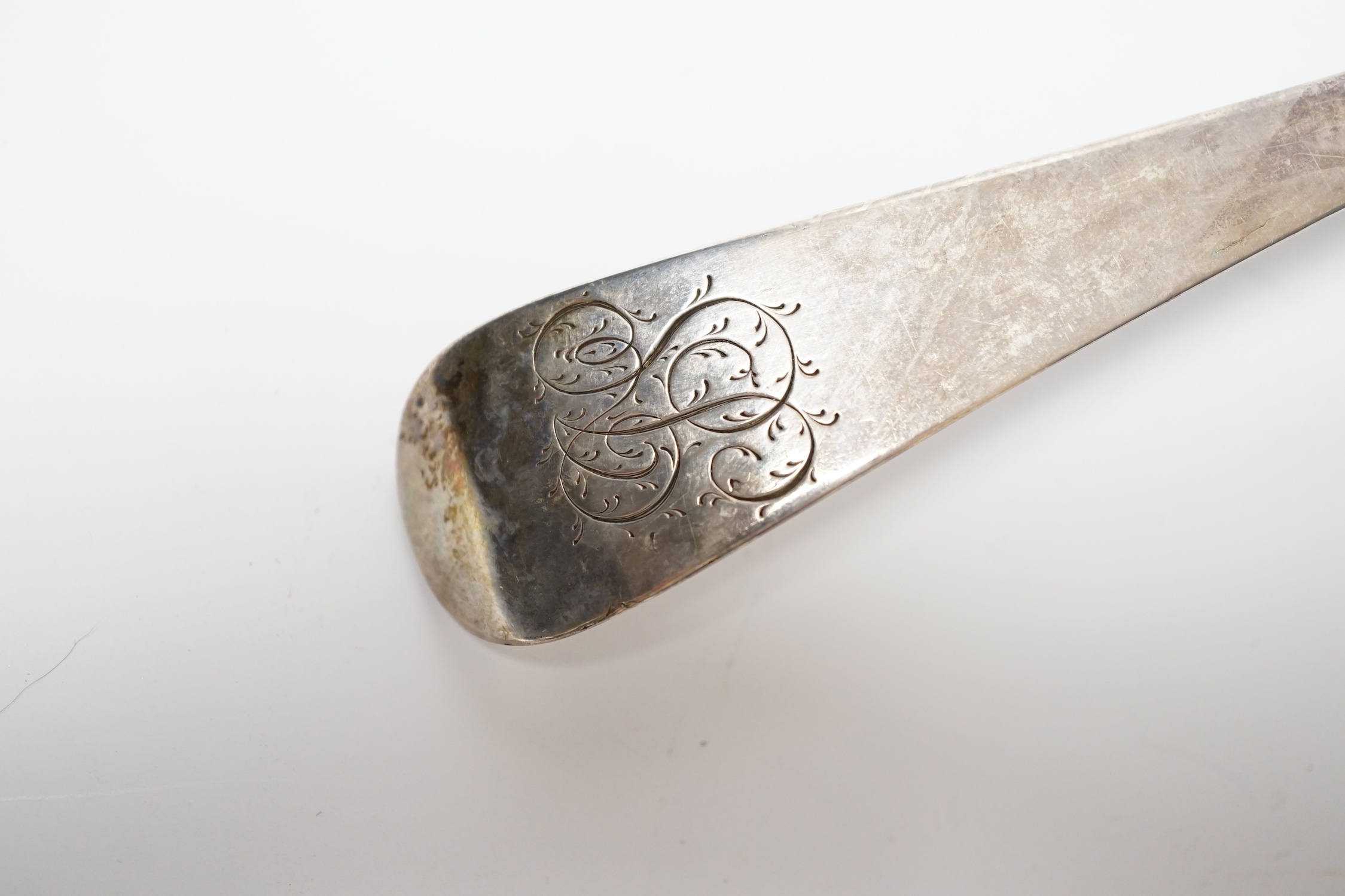 An 18th century silver base mark Old English pattern soup ladle, maker GS, London, circa 1770, 34cm.